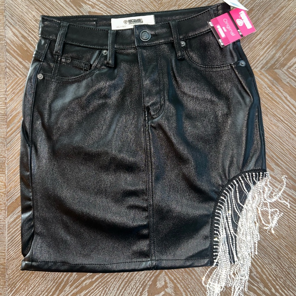 Rock and Roll Denim Chain Fringe Mini Skirt